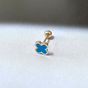 20G 14k Solid Gold Blue Clover Screw Back Piercings, Clover Tragus Piercing, 4 Leaf Clover Piercing, 14K Gold Piercing, Gold Leaf Earrings