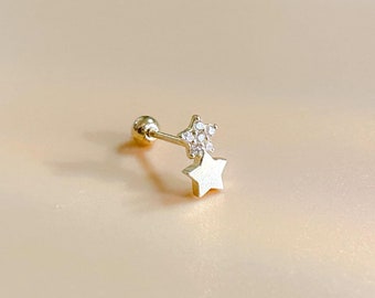 14K Solid Gold Star Stud Earrings, CZ Celestial Screw Back