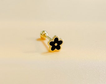 Pendiente de oro macizo de 14k con forma de flor y cierre de rosca, tipo botón para cartílago