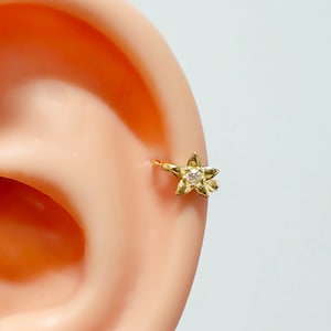 14k Solid Gold Flower Hoop Earrings, Real Gold Hoop Earrings, Gold Huggie Hoop Earrings, Small Gold Hoops, Helix Tragus, Cartilage Earring