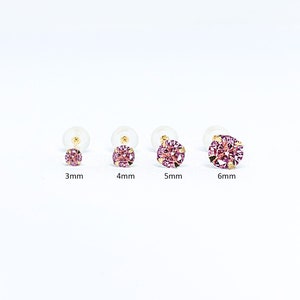 Aペア 14K ソリッド ゴールド ピンク CZ ラウンド スタッド イヤリング、ピンク CZ イヤリング、10 月の誕生石スタッド、小さなピンク スタッド イヤリング、14K ピンク CZ スタッド