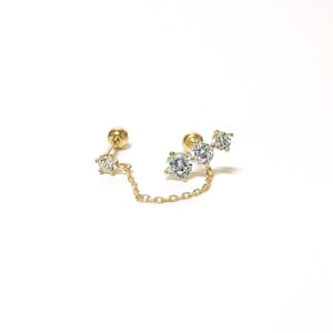 14K Solid Gold CZ Chain Screw Back Earrings, Double Ear Piercing Earrings, Connected Chain Earrings, Two Hole Earring, Cz Stud Earrings