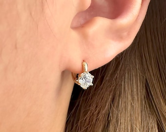 14K Solid Gold CZ Huggie Hoop Earrings, Minimalist Hoops