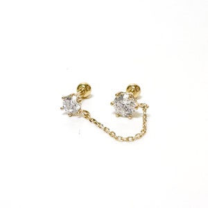 14k Solid Gold Double Ear Piercing Earrings, 14K Gold Chain Stud Earrings, Two Hole Earring, Dainty Chain CZ Double Stud Earrings