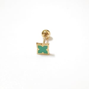 14k Solid Gold Enamel Flower Stud Earrings, Enamel Floral Stud Earring, Real Gold Screw Back Earring, Tiny Clover Earring, Tiny Stud Earring