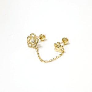 14k Solid Gold Kettenstecker Doppel-Piercing, Zwei-Loch-Ohrring, Zierliche Kette CZ Doppel-Bolzen-Ohrringe, Blume Ohrringe