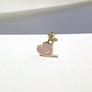 20G 14k Solid Gold Pink Heart Screw Back Piercings, Heart End Barbell Piercing, Heart Stud Piercing, Love Heart Earrings, Minimalist Earring