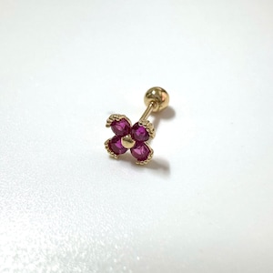 Piercings de oro macizo de 14 quilates y 20 g con forma de trébol de rubí, piercing para cartílago con forma de flor de rubí, piercing pequeño con forma de barra y trébol de la suerte, piercing para hélix.