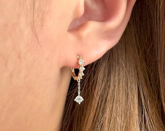 14k Solid Gold Huggie Hoop Earrings With Charm, Tiny Gold Hoops With CZ Drop Dangle, Drop Huggie Hoops, Dangle Small Hoop Earrings