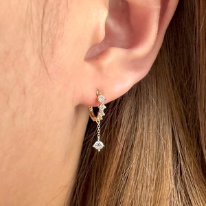 14k Solid Gold Huggie Hoop Earrings With Charm, Tiny Gold Hoops With CZ Drop Dangle, Drop Huggie Hoops, Dangle Small Hoop Earrings