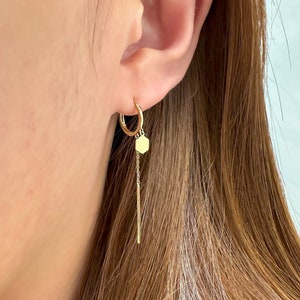 14k Solid Gold Long Bar Hoop Earring, Drop Hoop Earring, Huggie Hoop Earring, Dangle Hoop Earring, Gold Hinged Hoop Earring