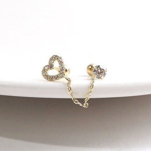 14k Solid Gold Double Piercing Earring, Gold Chain Earring, 14K Real Gold Earring, Double Stud Earring, Chain Cubic Zirconia CZ Stud Earring