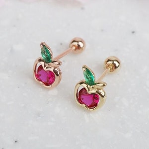 14K Solid Gold Tiny Red Apple Stud Screw back Earrings, Cubic Zirconia Cartilage Helix Tragus Post Stud Piercing Earrings, Apple Screw Back