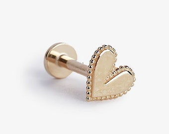 14k solid gold heart flat back labret, Heart Tragus, Cartilage, Conch, Flat Back Earring, Stud Labret , Screw back studs, Heart Labret 18g