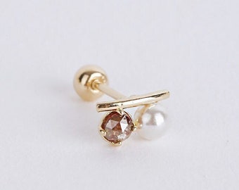 14K Solid Gold Rough Diamond Barbell Earring, Conch Helix Piercing