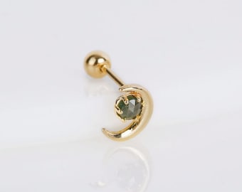 14K Gold Rough Diamond Crescent Moon Barbell, 21g Piercing