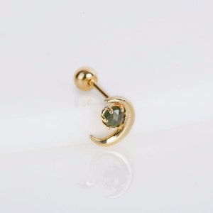 14K Solid Gold Rough Diamond Barbell Piercing, Screw Back Earrings, Diamond Crescent Moon Earring, Cartilage, Helix, Conch Piercing, 21g