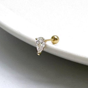 14K Solid Gold Teardrop Stud Earrings, CZ Stud Earrings, CZ Screw Back Earring, Mini Ball Screw Back, Tragus Helix Cartilage Stud Piercing