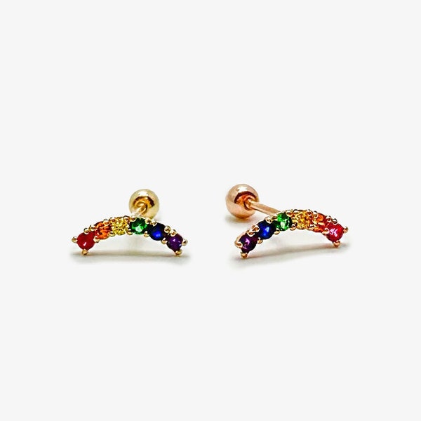 14k Solid Gold Rainbow Stud Earrings, Multi Color Earrings, Gemstone studs Earrings, Minimalist Earrings, Dainty Small Gold Rainbow Studs