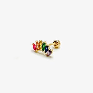 14k Solid Gold Five Leaf Cz Stud Earrings, Rainbow Screw Back Earrings, Marquise Cartilage Earrings, Tragus Jewelry, Conch Piercing Studs