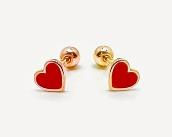 14k solid gold heart screw back earrings, Red Enamel Screw Back, Red Heart Stud Earrings, 14k Gold Small Heart Earring, Real Gold Piercings