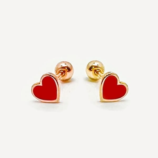 14k solid gold heart screw back earrings, Red Enamel Screw Back, Red Heart Stud Earrings, 14k Gold Small Heart Earring, Real Gold Piercings