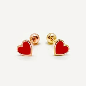 Aretes de corazón de oro macizo de 14 k, aretes con cierre de rosca de esmalte rojo, aretes de corazón rojo, aretes de corazón pequeño de oro de 14 k, piercing de oro auténtico