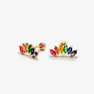 Orecchini a bottone arcobaleno in oro massiccio 14k, orecchini a bottone a forma di fiore di loto con zirconi cubici a forma di marquise, orecchini a vite per cartilagine, elica, trago, marquise