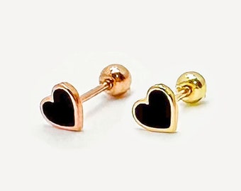 14k solid gold heart stud earrings, Black Heart Earrings, Heart screw back earrings, Mini Heart Earring, Enamel Heart Studs, Simple Earrings