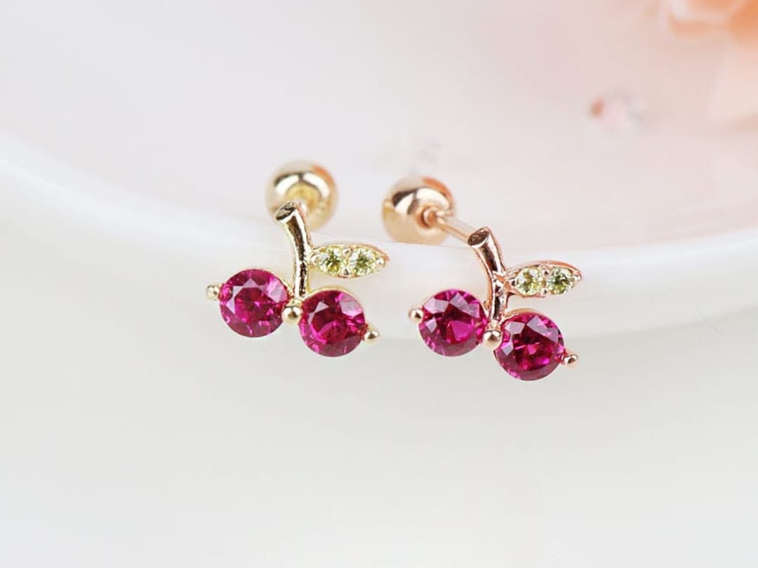 14K Solid Gold Tiny Red Cherry Stud Earrings, 14k Gold Fruits Earrings ...
