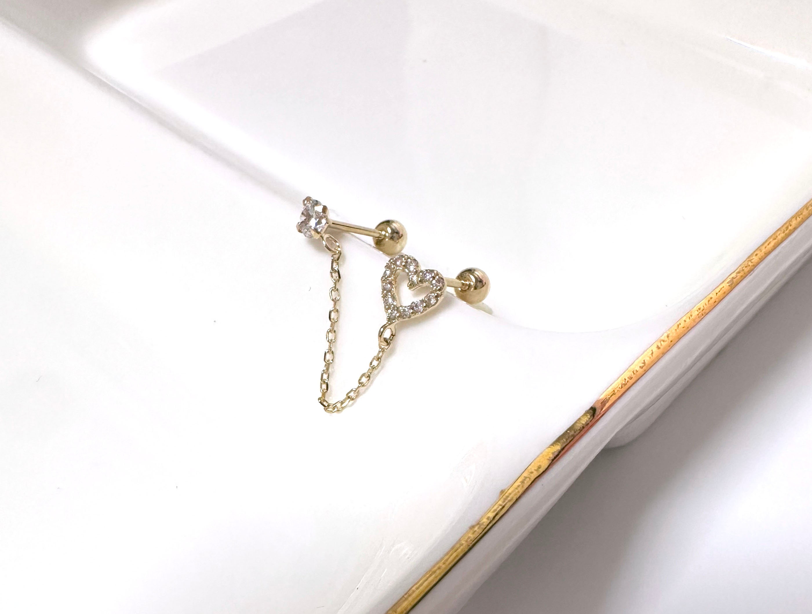 Orecchini A Catena Doppio Piercing In Oro Con Zirconia Cubica 3 Mm - Ipoallergenici, Regalo Per Donne E Ragazze