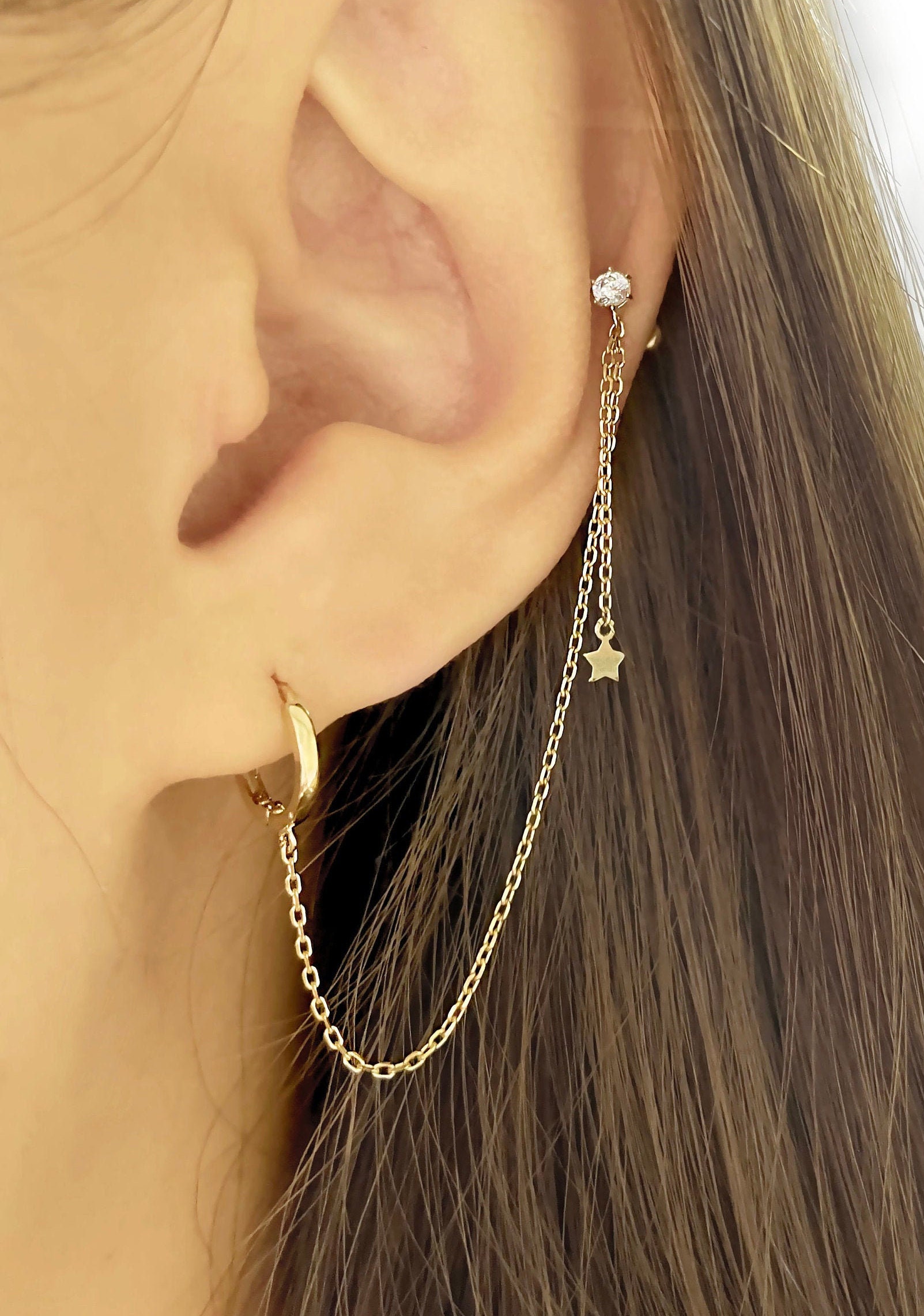 14k soild gold earrings Double Piercing Earring Gold chain | Etsy