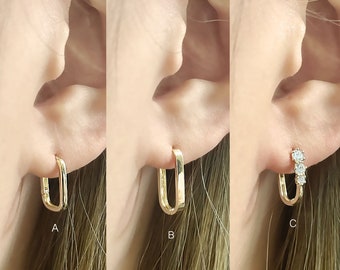 14k Solid Gold Oval Hoop Earrings, Hinged Huggie Hoops