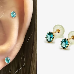 A pair-14k Solid Gold Oval Stud Earrings, Blue Topaz Oval Earrings, Screw Back Earrings, December Earrings, Minimalist Tiny Stud Earring,