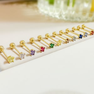 14k Solid Gold Birthstone Stud Screw Back Earrings, Tiny Stud Earring, Ear Piercing Jewelry, Tragus earrings, Birthstone Conch Earrings, 20G
