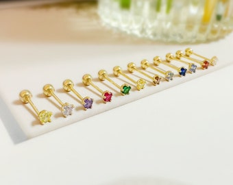 14k Solid Gold Birthstone Stud Earrings, 20G Screw Back Tragus Ear Piercing