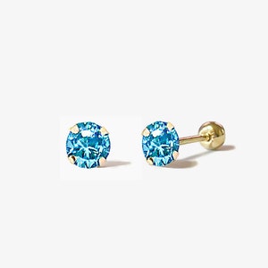 14k Solid Gold Aquamarine Stud Earrings, Screw Back, Round Cz Studs, Prong Set, Birthstone Stud, Small Earrings, Tiny stud earrings, 1