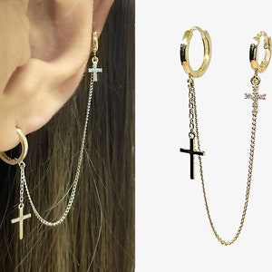 14K ソリッド ゴールド フープ イヤリング、14K ゴールド チェーン イヤリング、ダブル ピアス イヤリング、クロス フープ イヤリング、クロス ダングル イヤリング、チェーン イヤリング