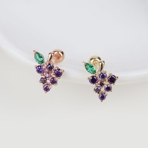 14K Solid Gold Grape Stud Earrings, Gold Fruits Stud Earrings, Grape Piercings, Cartilage Helix Tragus Piercings, Fruits Screw Back Earrings