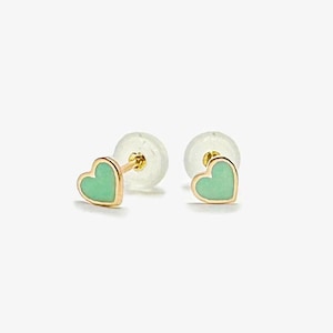 A-pair 14k Solid Gold Heart Stud Earrings, Mint Enamel Studs, Mint Heart Stud Earring, 14k Gold Small Heart Earring, Real Gold Piercing