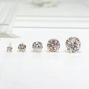 A pair 14K Solid Gold Stud Earrings, Yellow Gold White CZ Earrings, Real Gold Earrings, Tiny Cz Stud Earring, Minimalist Stud Earrings