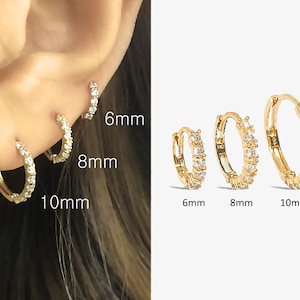 14k Solid Gold Cz Huggie Hoop Earrings, Solid Gold Mini Hoops, Small CZ Gold Huggie Earrings, Gold CZ Huggie Hoop, CZ Hoop Earring 63