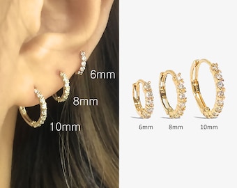 14k Solid Gold Cz Huggie Hoop Earrings, Solid Gold Mini Hoops, Small CZ Gold Huggie Earrings, Gold CZ Huggie Hoop, CZ Hoop Earring 63