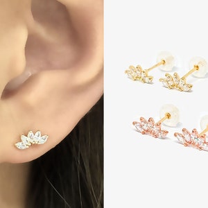 Par de pendientes con circonitas cúbicas en hoja de oro macizo de 14 k, pendientes con forma de marquesa, pendientes con corona de circonitas, cinco pendientes con forma de marquesa y pendientes minimalistas.