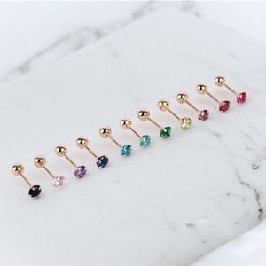 Aros con rosca en la parte posterior y piedra natal de 3 mm en oro macizo de 14 k, piercing de circonita cúbica diminuta de 2 a 6 mm, pequeños piercings para cartílago, piercings para hélix, piercings para trago, 20 G/21 G