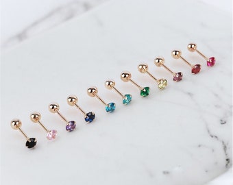 14k Solid Gold Birthstone Stud Earring, Tiny CZ Screw Back, Piercing Jewelry