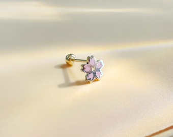 Pendiente de botón con forma de flor en oro macizo de 14k, piercing hélix