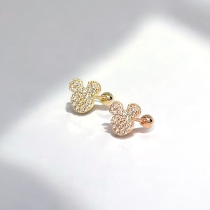 14K Solid Gold Tiny Mickey Mouse Earrings, Cute Tiny Stud Earrings, Gold Mouse Earring, Screw Back Earrings, Tragus Helix Cartilage Piercing