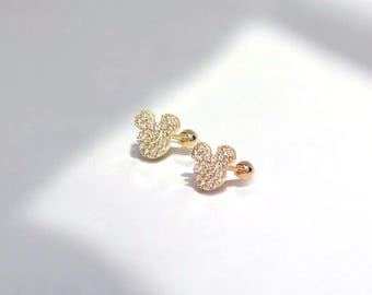 14K Solid Gold Tiny Mickey Mouse Stud Earrings, Tragus Helix Cartilage Piercing