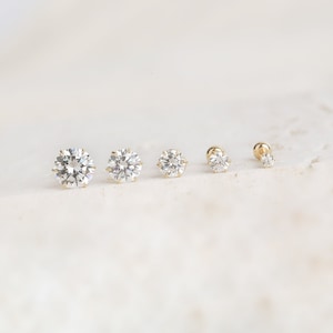 Piercings de 6 coroas de zircônia cúbica de ouro maciço 14K, brincos de parafuso cúbicos de ouro maciço 14K, tachas de corte redondo, brincos de tachas Cz